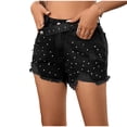 thumbnail image 3 of ClodeEU Women's Rhinestone Jeans Shorts with Pocket and Belt Casual Fashion Denim Short Black,Womens Plus XXL, 3 of 8