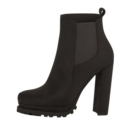 

jsaierl Chunky Heel Booties for Women Super High Heel Ankle Boot Suede Solid Color Dress Shoes