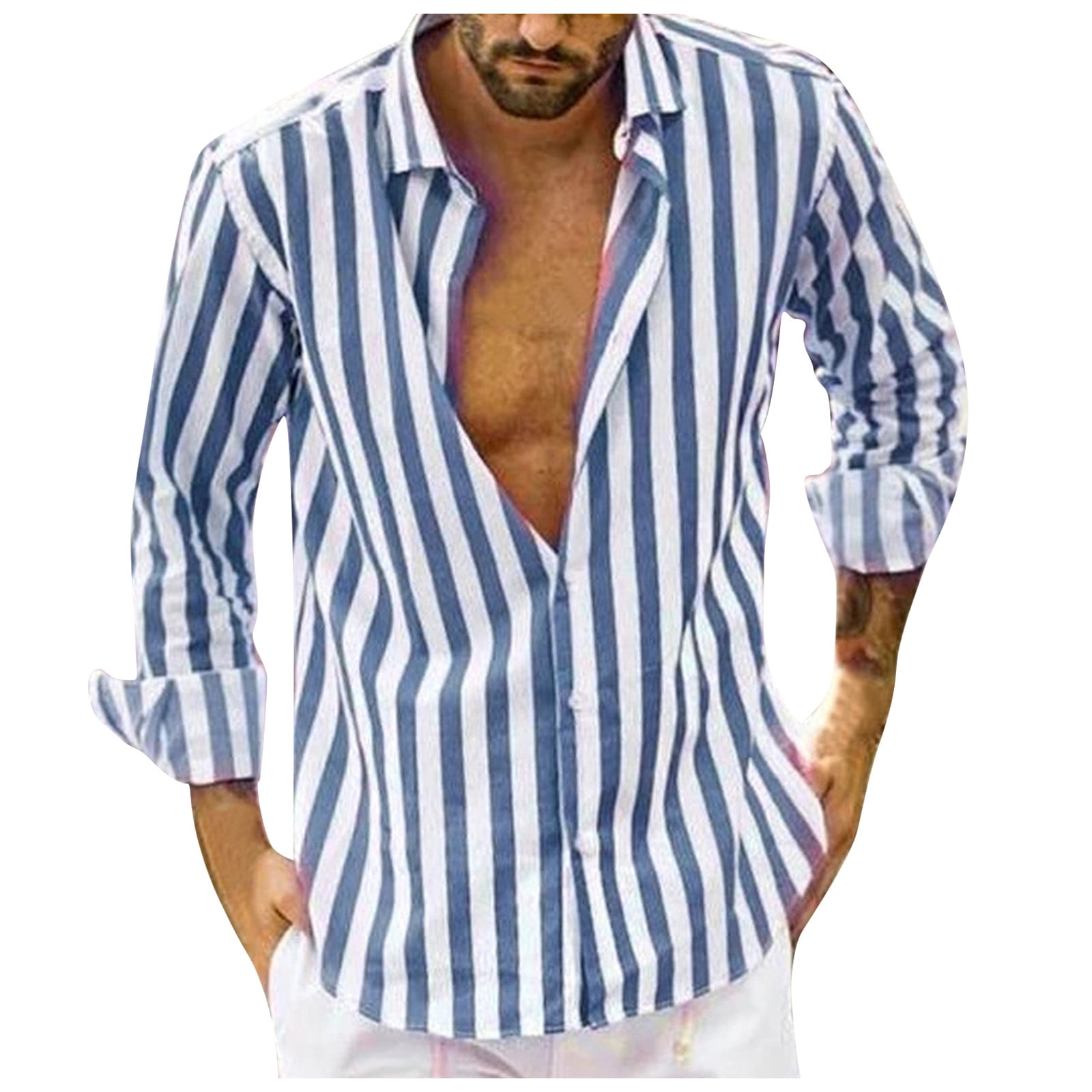 Men Striped Shirts Long Sleeve,SIN+MON Mens Fashion Slim Fit Button Down Shirt Vertical Striped Dress Shirt Blouse Top Tee 