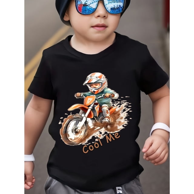 Motocross Print Boys' Short Sleeve T-Shirt - Casual Fashion Crew Neck Top for Children, 100% Cotton, Regular Fit, Spring/Summer/Fall, Sizes for 12 and Under