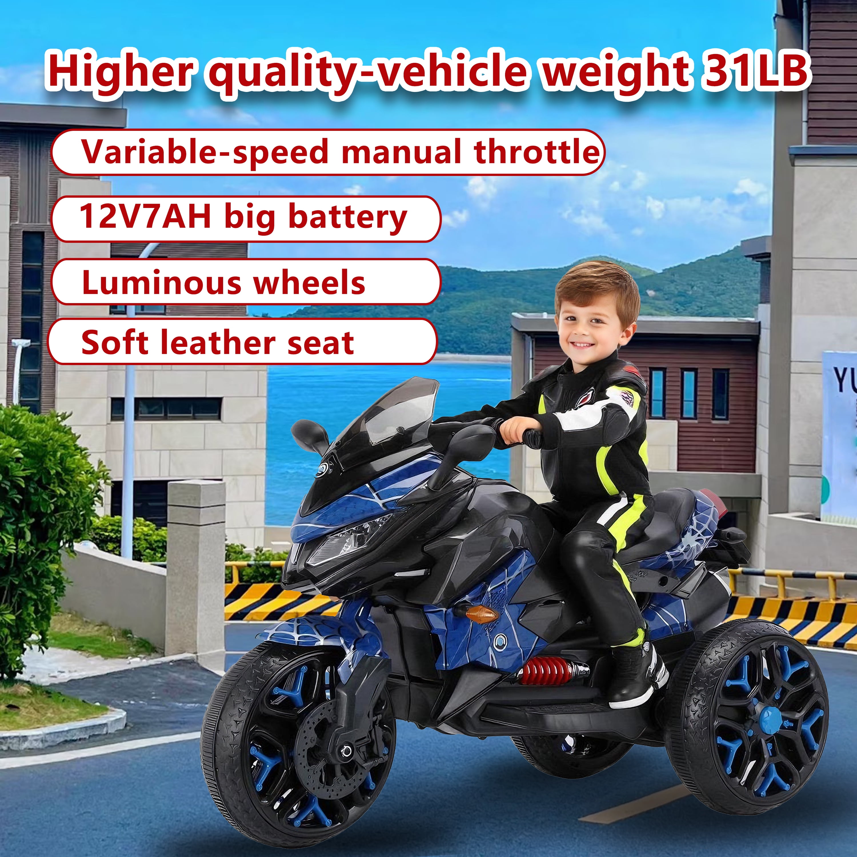 TAMCO 12V Motorcycle Ride-On for Kids Ages 3-6 with LED Lights and Music, Blue