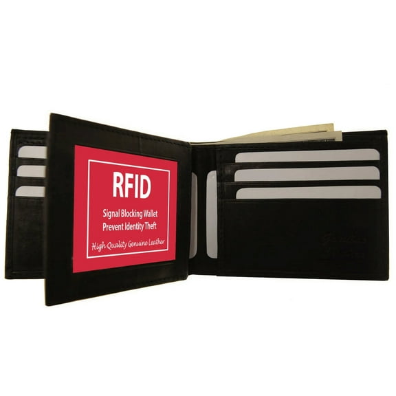 Black RFID Signal Blocking Men's Genuine Leather Slim Bifold Wallet ID Card Holder