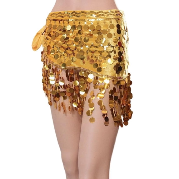 MOJOGO Women's Belly Dance Yoga Class Skirt Hip Scarf Wrap Skirt Music Festival Clothing with Sparkly Sequins Yellow Free Size
