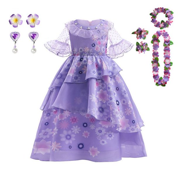 Disney Mirabel Isabela Costume for Girls Princess Dress Suit Cosplay Encanto Carnival Birthday Party Wreath Clothes Bag Charm7-8T (130) Gao Jinjia LED