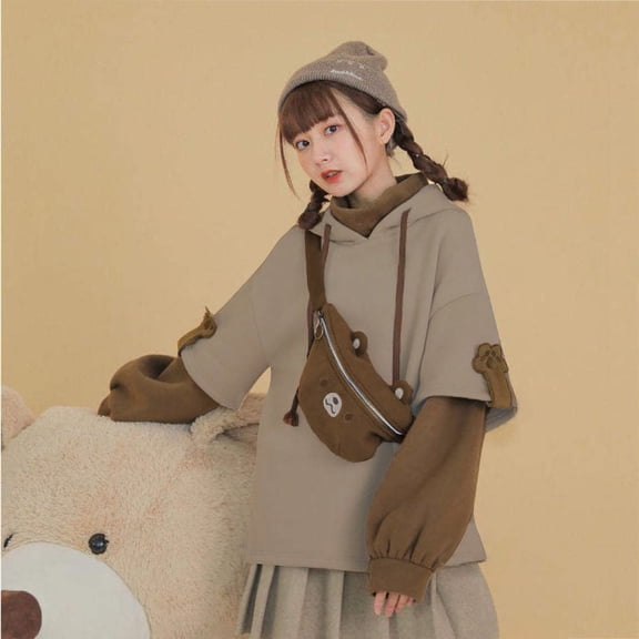 Kiplyki Woman's Brown Bear Hoodie Autumn Winter Long Sleeve Sweatshirt Personality Bag