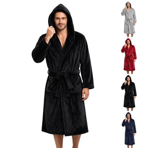 Mens Flannel Robe, Hooded Long Length Bathrobe with Waist Belt and Front Pocket Design, Cozy Sleepwear for Home Bedroom | JASKFLY,Black Free Size