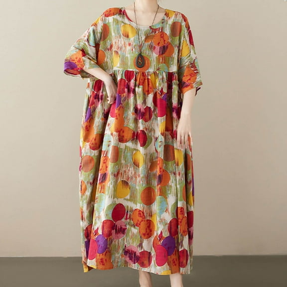 Njagoc3 Plus Size Womens Round Neck Bold Floral Oversized Maxi Dress for Summer Gatherings & Resort Wear