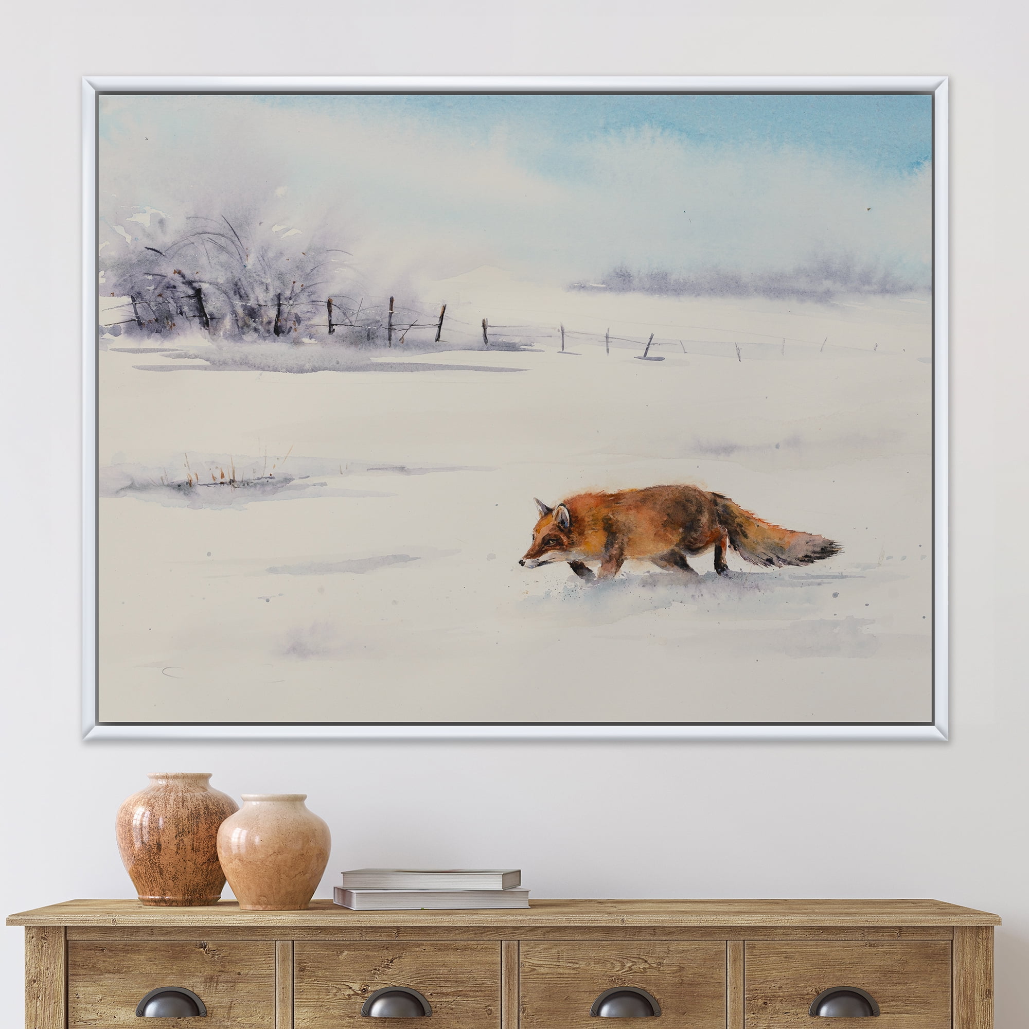 Designart 'Red Fox Running In White Snow in Countryside I' Farmhouse Framed Canvas Wall Art Print