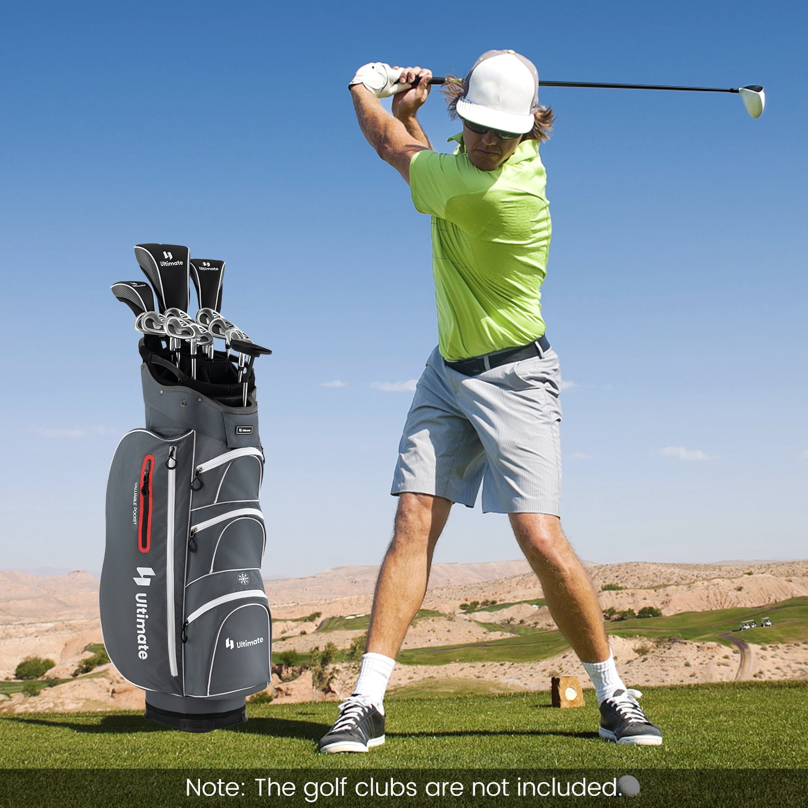 Topbuy 15-Way Golf Cart Bag Golf Club Bag with 15 Ways Organizer Divider Top 7 Zippered Pockets Cooler Bag Umbrella Holder Rain Hood Grey + Red