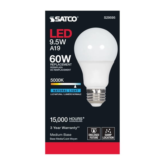 Satco S29595 A19 Frosted LED Light Bulbs 9.5W 120V 5000K 800L E26 Medium Base Non-Dimmable (6 Pack)