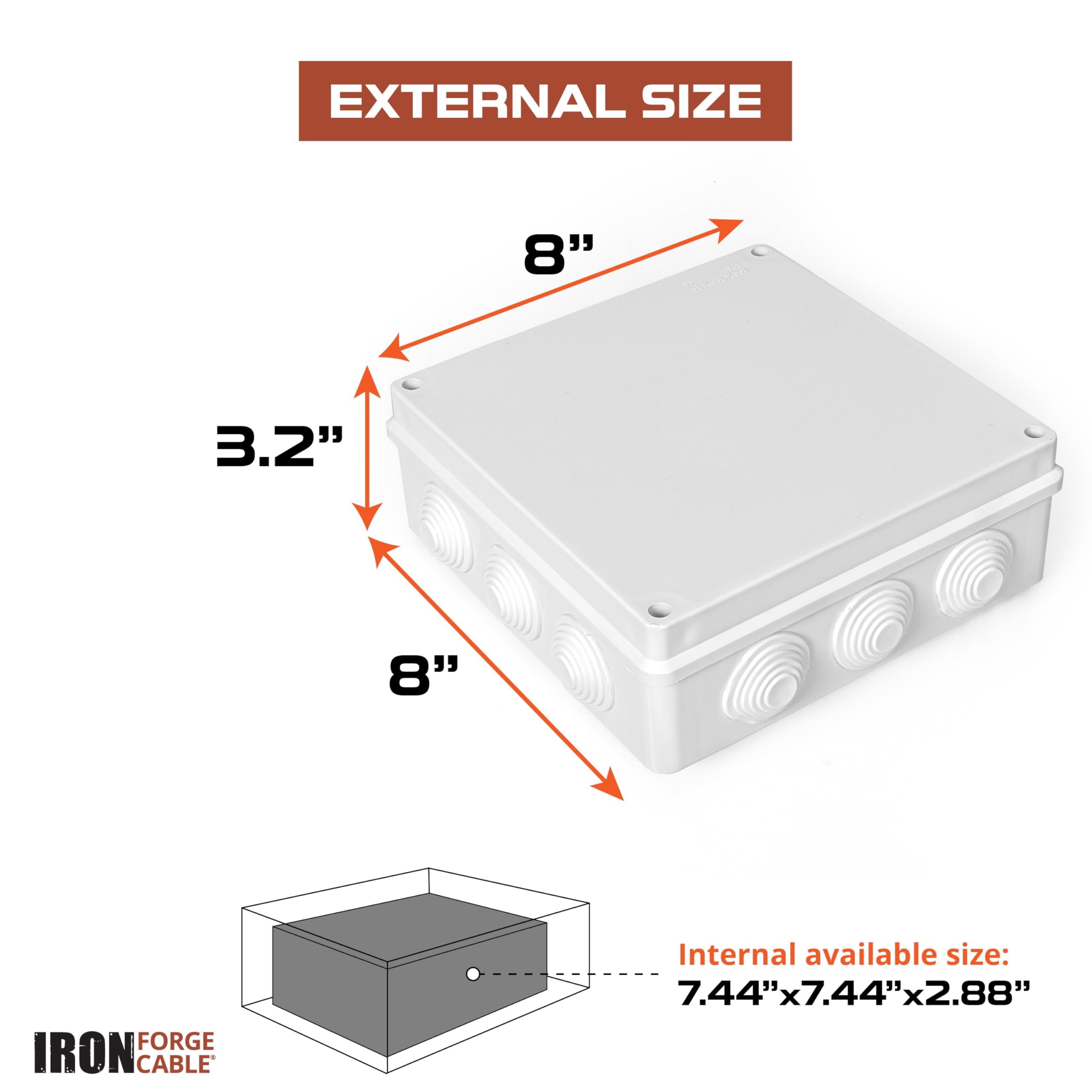 Iron Forge Cable Outdoor Electrical Box, 8" x 8" x 3.2" Inch White Junction Box with Complete Accessories, Drillable Waterproof Enclosure ABS Plastic Box with Cover for Electronics IP65