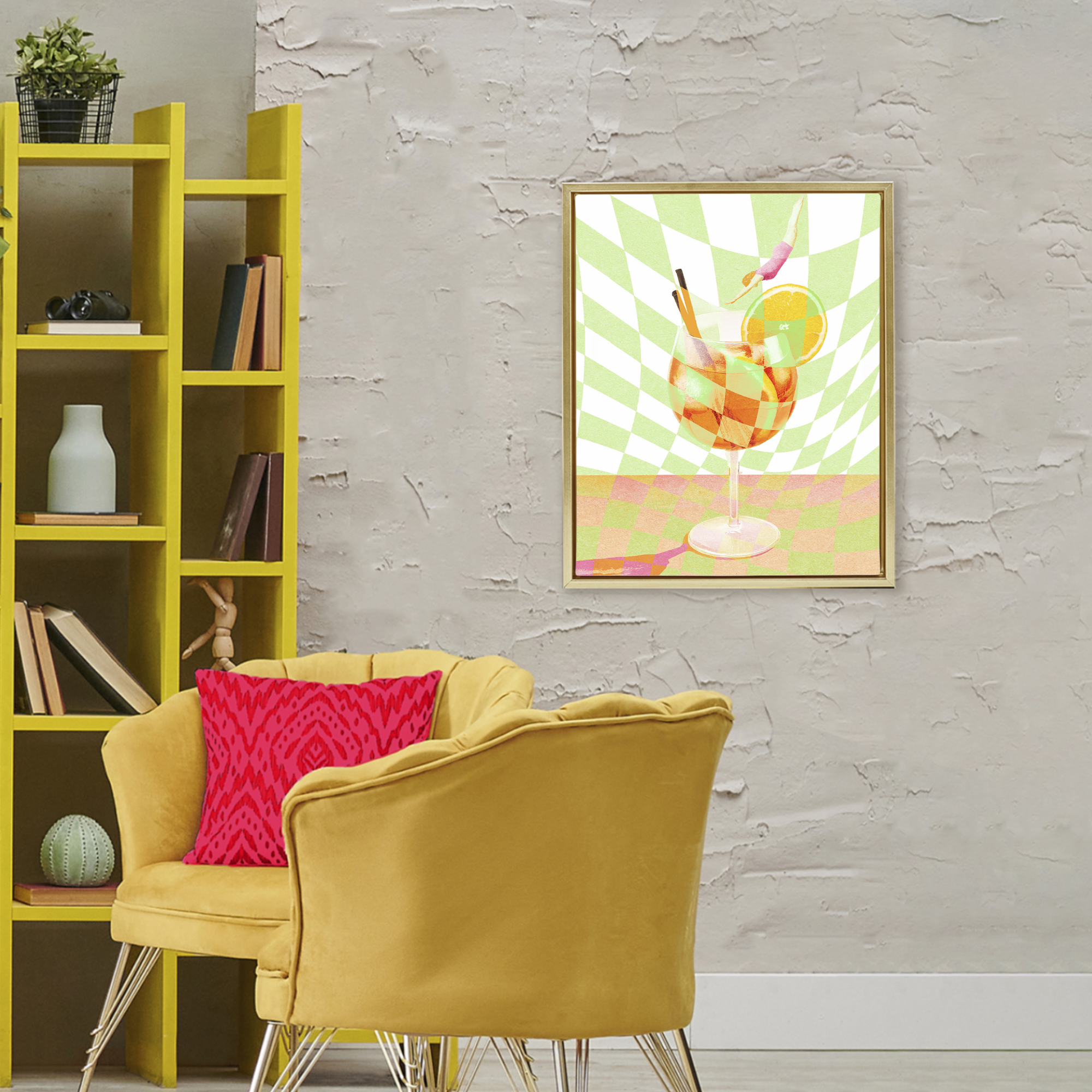Retro Swimmer Summer Cocktail Gold Framed Floater Canvas Wall Art, design by Lil' Rue