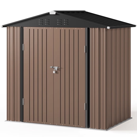 6x4 FT Storage Shed, Tool Shed with Sloping Roof and Lockable Door with Doors, Brown