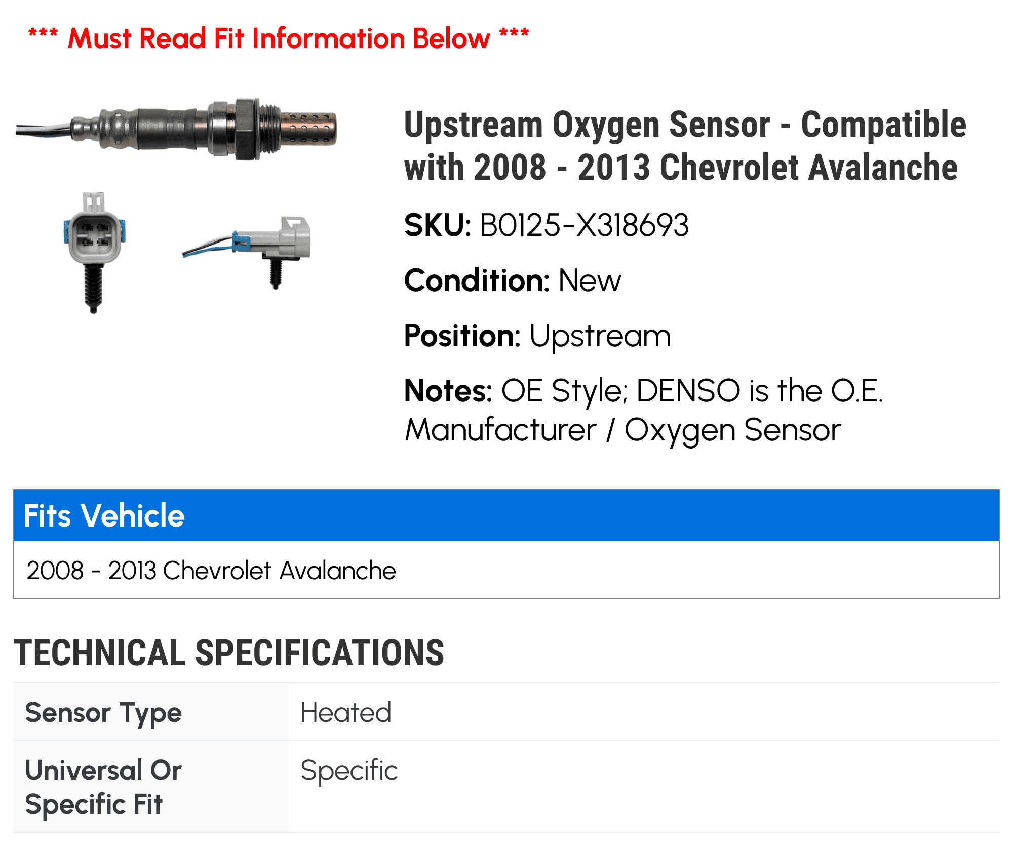 Upstream Oxygen Sensor - Compatible with 2008 - 2013 Chevy Avalanche 2009 2010 2011 2012