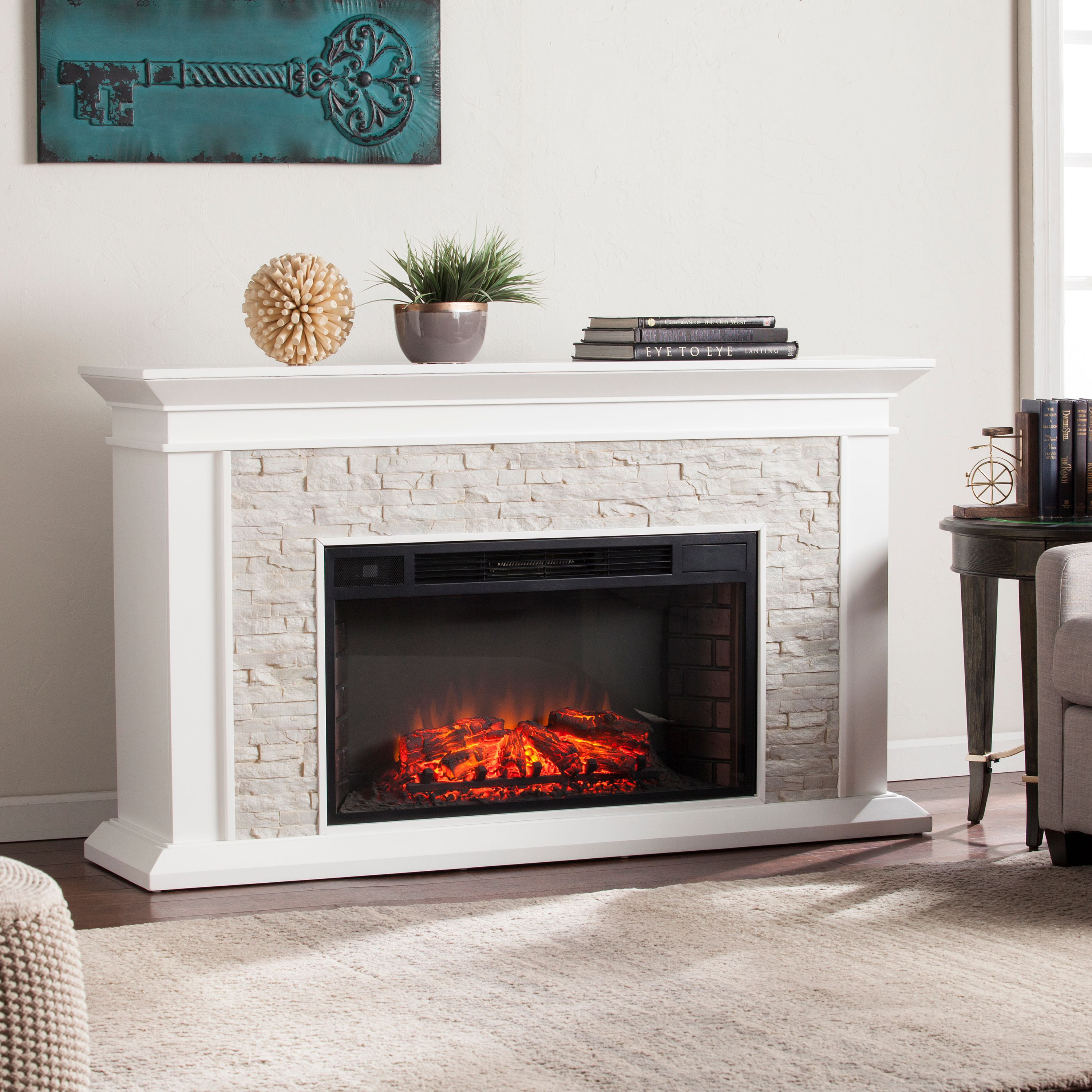 Candore Heights Faux Stone Electric Fireplace, White