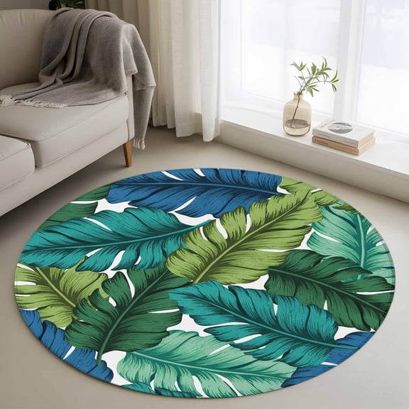 Round Area Rug 3.3 Ft, Summer Tropical Leaves Washable Non-Slip Circle Carpet for Living Room/Bedroom, Blue Green Botanical Leaf Plants Low-Profile Small Kitchen Mats Collection Rugs for Indoor