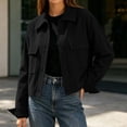thumbnail image 4 of GaThRRgYP Jean Jacket Women Plus Size Stretchy Fashion Women's Casual Long Sleeve Turndow Collar Pocket Button Top Blouse Ladies Coat Black S, 4 of 8