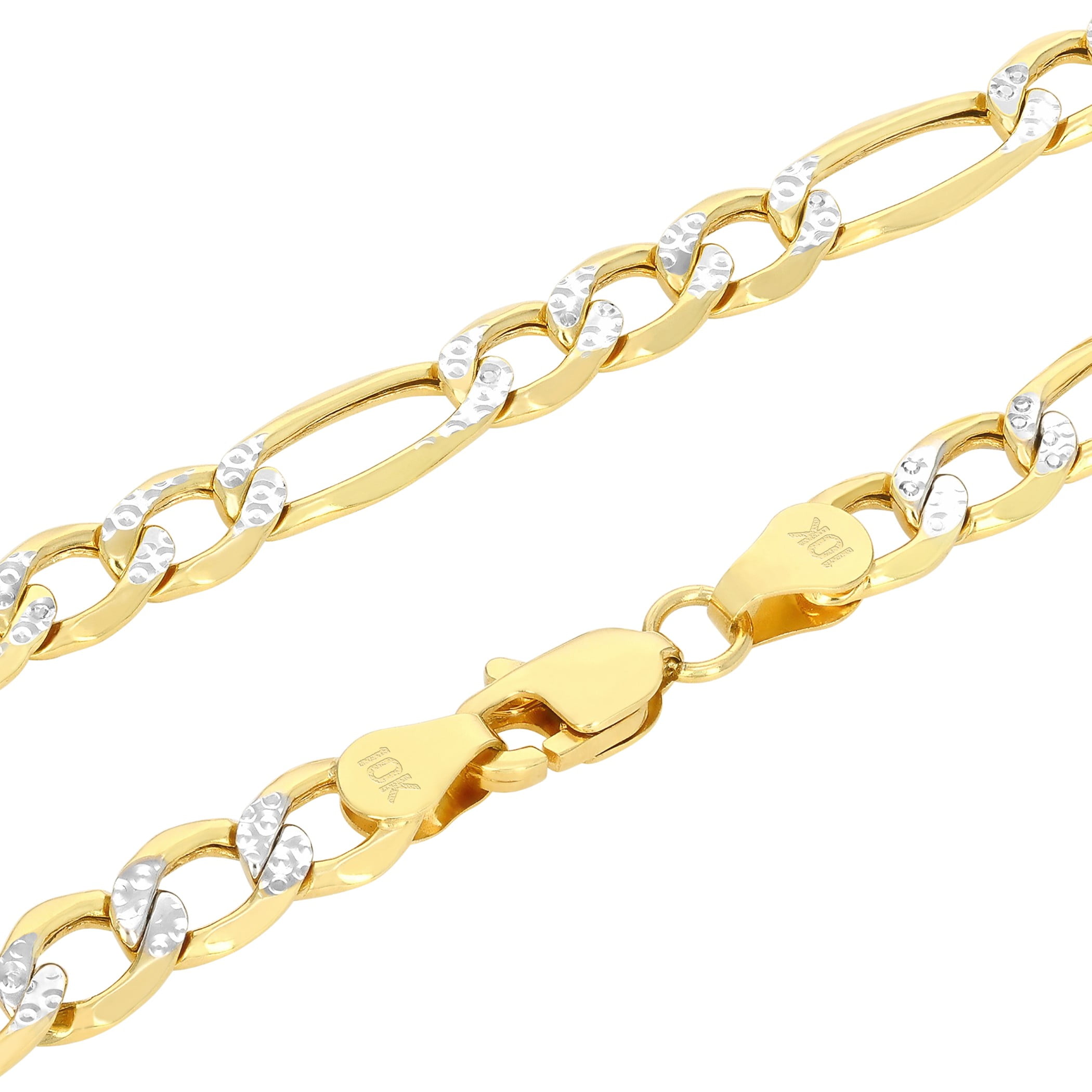 Nuragold 10k Real Yellow Gold Figaro Link 4.5mm Diamond Cut Two Tone Pave Chain Bracelet (7"-9") Italian Jewelry for Men & Women