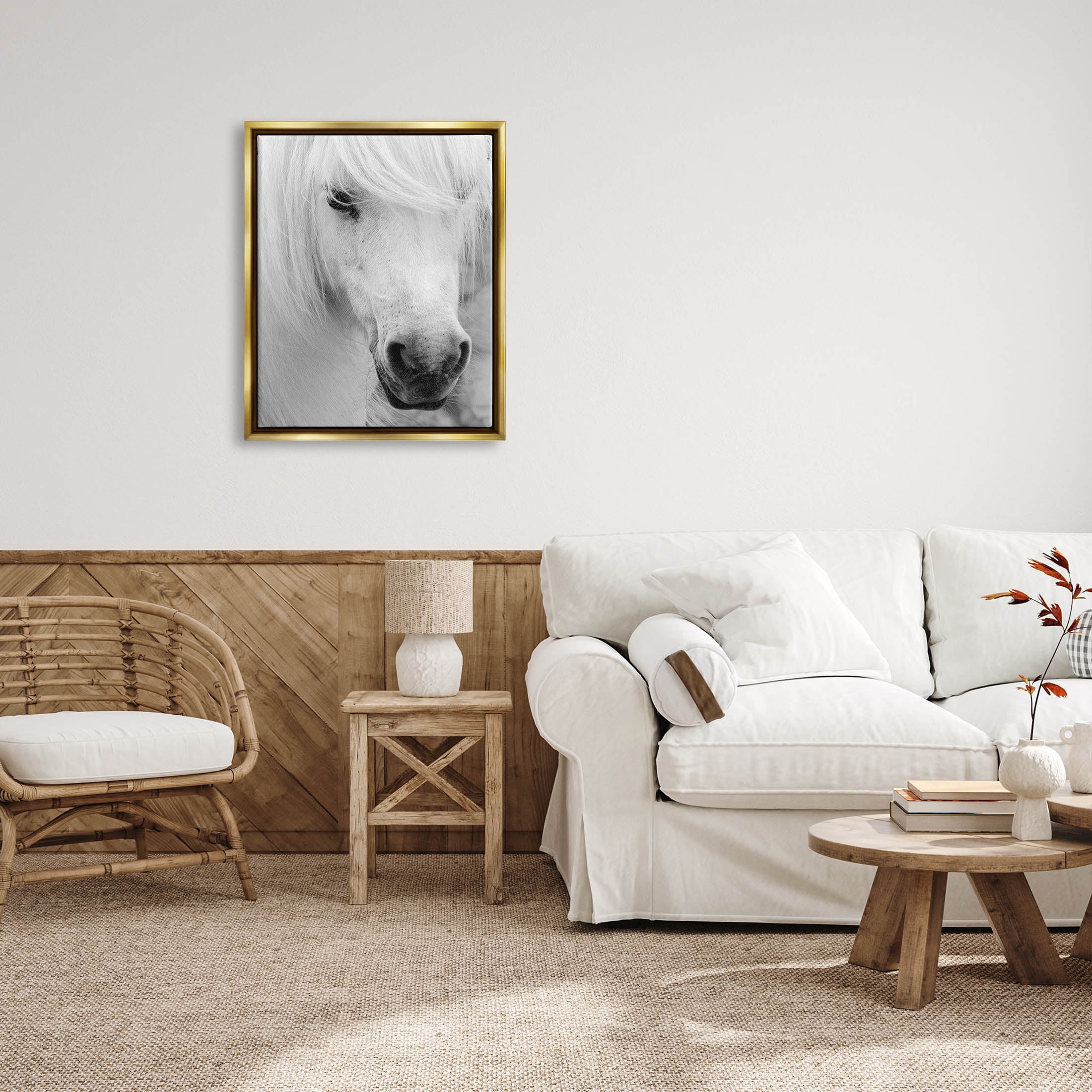 Elegant White Horse Stallion Animals & Insects Photograph Metallic Gold Framed Art Print Wall Art
