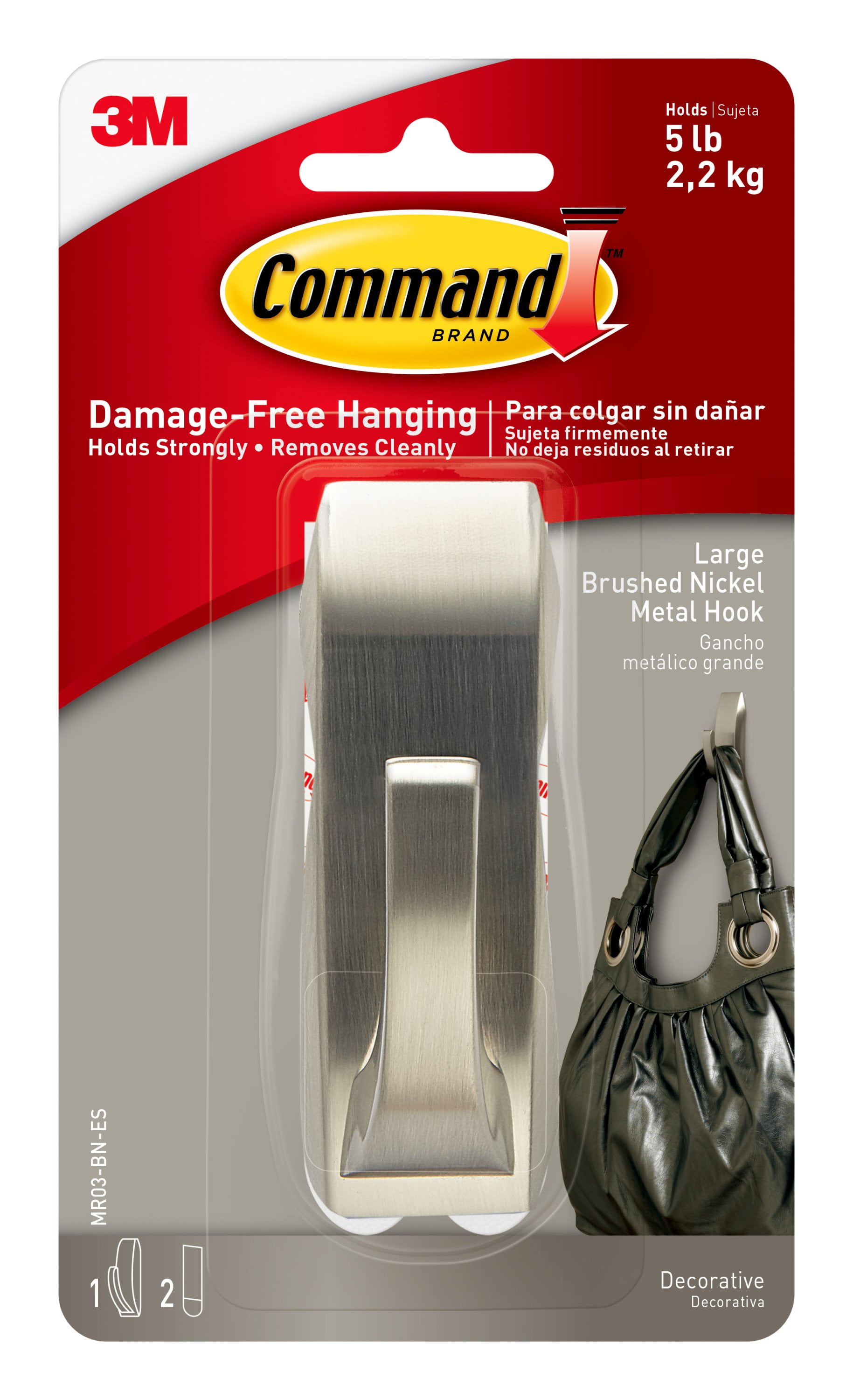 Command Modern Reflections Hook, Brushed Nickel, Large, Use to Hang Christmas Decor, 1 Wall Hook