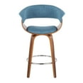 thumbnail image 5 of Vintage Mod 26" Mid-Century Modern Fixed-Height Counter Stool with Swivel in Walnut Wood and Blue Fabric with Round Chrome Metal Footrest by LumiSource - Set of 2, 5 of 9
