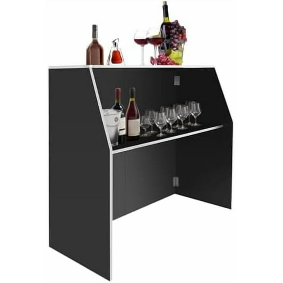4' Folding Portable Bar with Top and Middle Shelves, Commercial Event Bar w/Twin Shelves Foldable Portable Bar Cabinet Mobile Bartender Station for Parties and Events (Black-Particle)$$Furniture