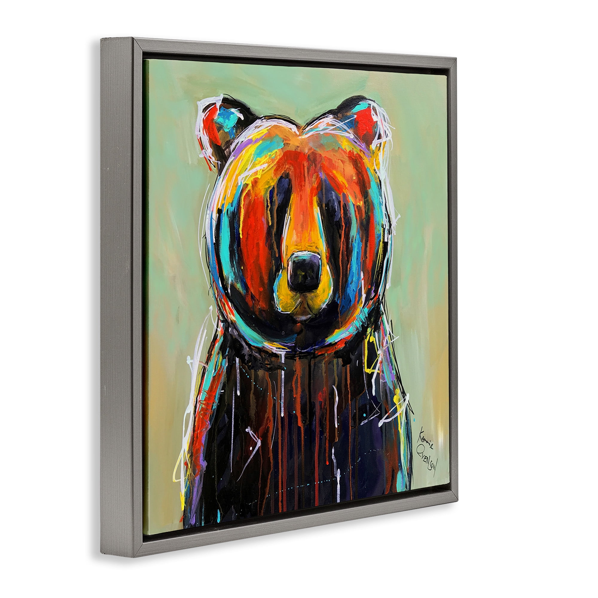 Stupell Industries Abstract Colorful Painted Black Bear Animals & Insects Painting Gray Floater Framed Canvas Art Print Wall Art, 18 x 18