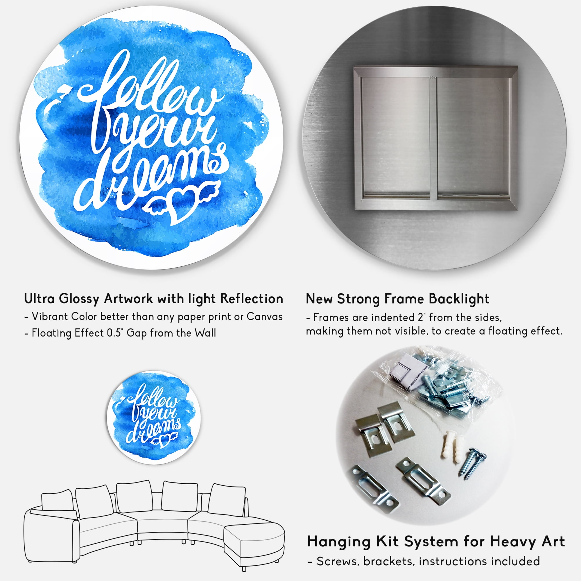 Designart 'Follow Your Dreams On Blue I' Modern Circle Metal Wall Art 29x29 - Disc of 29