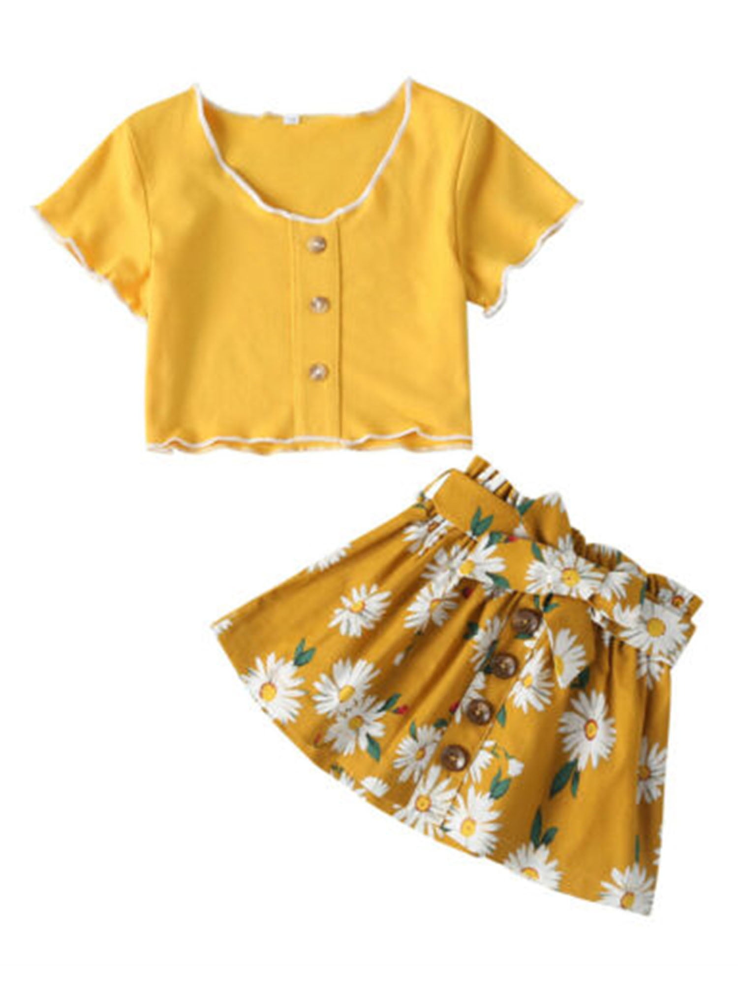 New!2pcs Baby Girls Dress Yellow T-shirt Floral Skirt Set Kids Clothes Outfits 