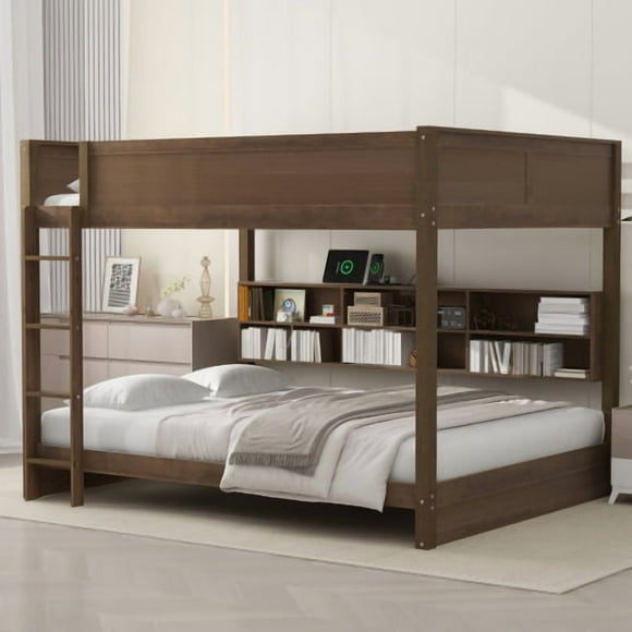 TAORUIFANG Queen over Queen Bunk Bed with Storage Cabinets and USB Ports, Antique Wood Color