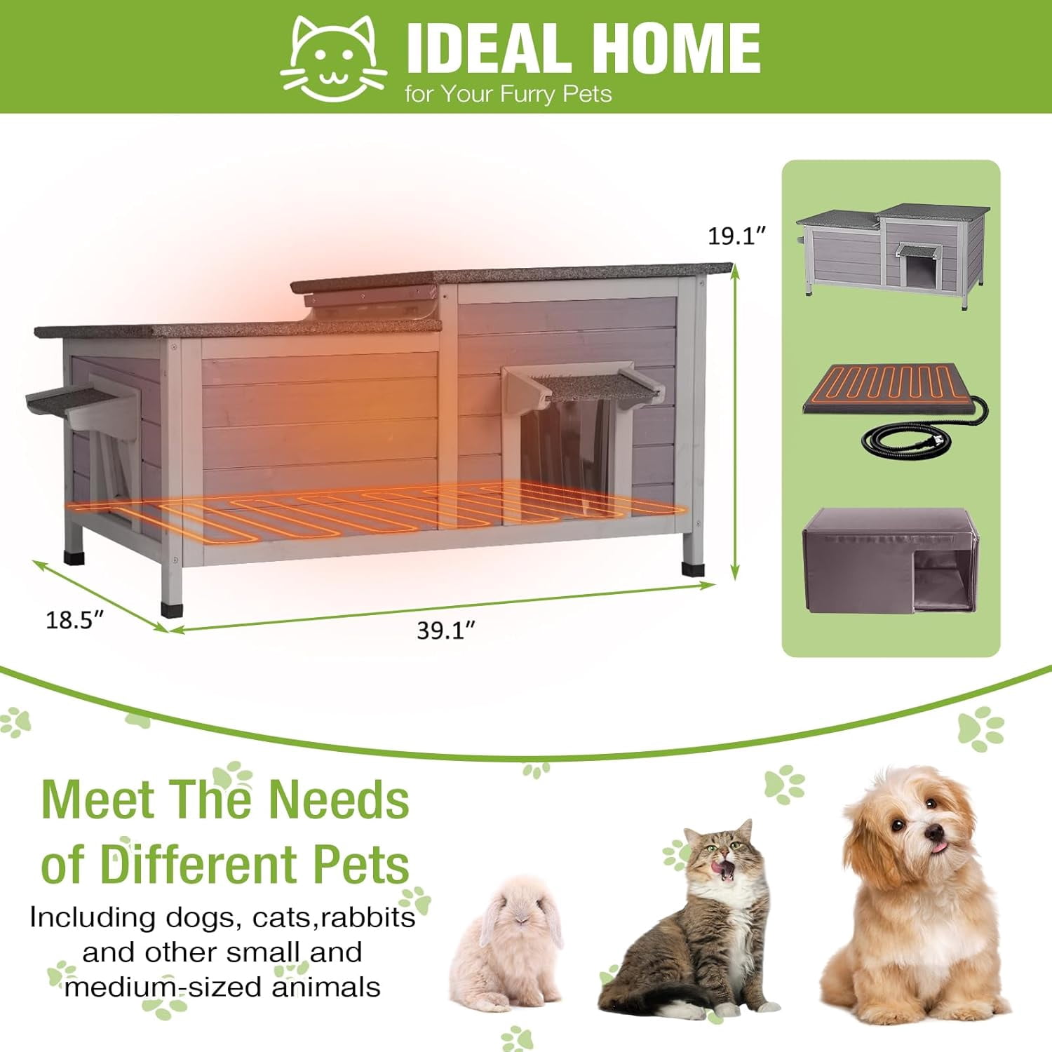 Aivituvin Large Heated Cat House Outdoor Insulated Cat House Weatherproof Feral Cat Shelter with Thermostat-Controlled Heating Pad, 6-Sided Thermal Liner for 1-4 Feral Stray Barn Cats