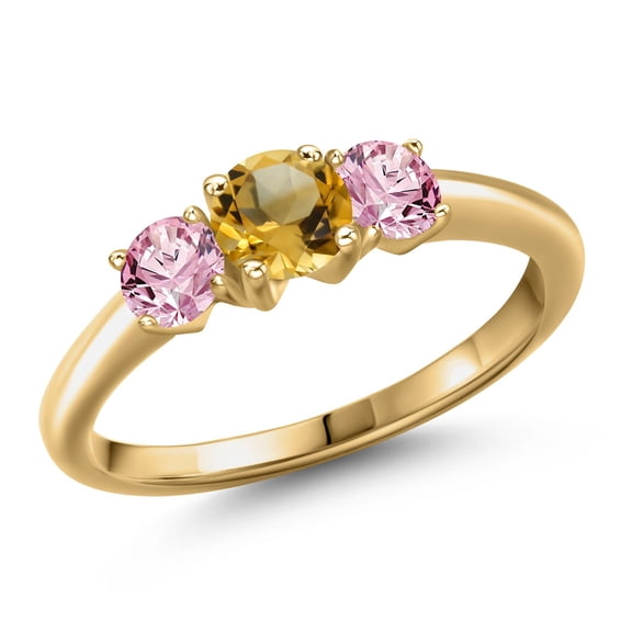 Gem Stone King 18K Yellow Gold Plated Silver Yellow Citrine and Pink Lab Grown Diamond Engagement Ring for Women | 0.95 Cttw | Round 5MM | Gemstone November Birthstone | Size 5