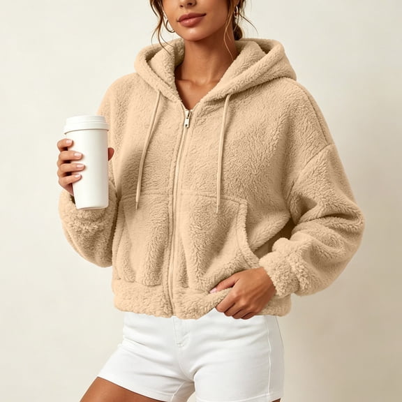 ZunFeo Womens Oversized Cropped Sherpa Fleece Jacket - Zip-Up Hooded Fuzzy Coat, Khaki,Size M