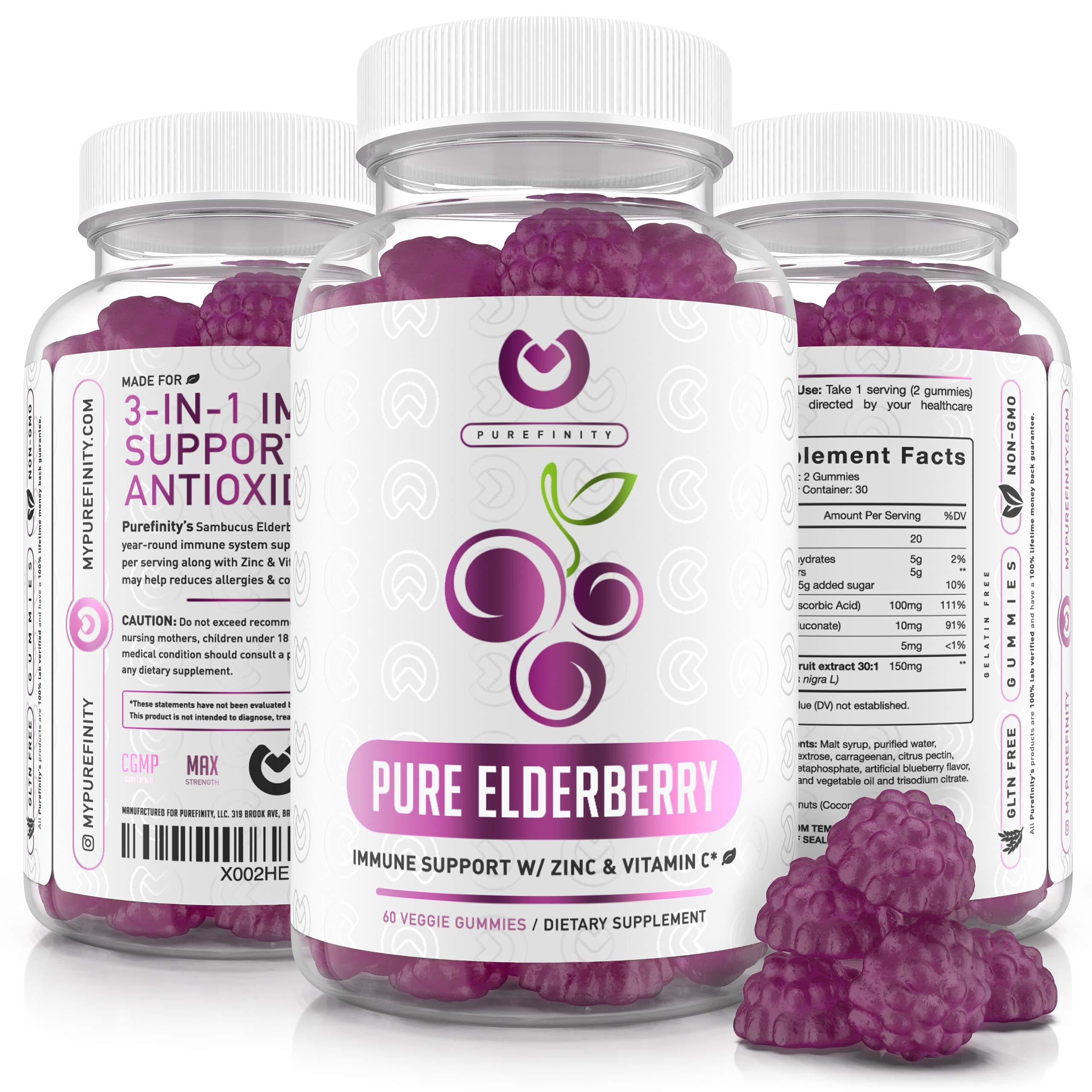 Pure Elderberry Gummies – Double Strength Immune Support Gummy Vitamins, Zinc Supplement & Vitamin C Supplement. Sambucus Black Elderberry 150mg Antioxidant Flavonoids, for Adults & Kids!