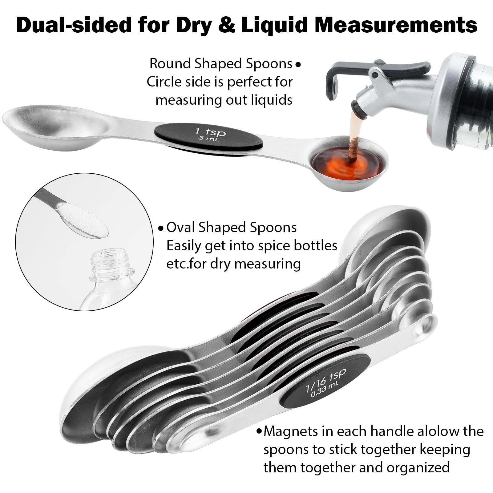 Lumikrypt 16 Piece Magnetic Measuring Cups and Spoons Set, Stainless Steel Nesting Metal Measuring Cups Set with Leveler for Dry and Liquid Ingredients, Kitchen Gadgets for Cooking & Baking (Black)