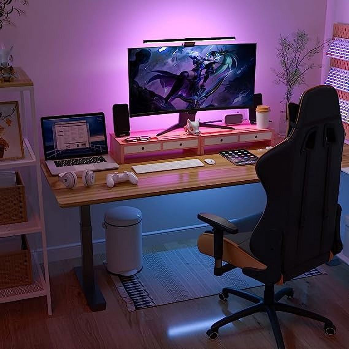 Bambloom Monitor Stand Riser and Computer Wood Desk Organizer with Drawer and Pen Holder for Laptop, Computer, iMac, 20.5Inch,Pink & White