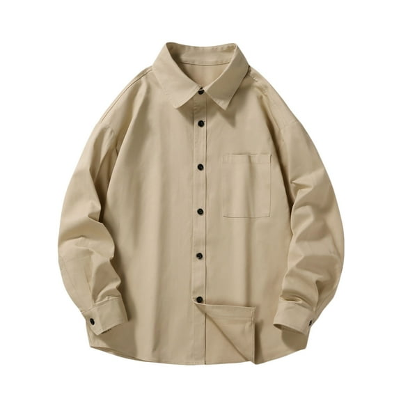 WREESH Men's Casual Button Down Shirts Long Sleeve Solid Color with Turn-Down Collar, Button Front & Pockets for Everyday Wear Khaki