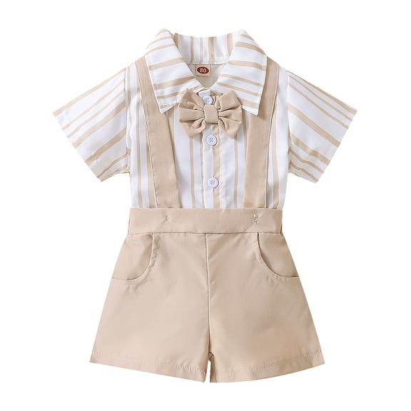 Otqutp Cute Outfits Set for Toddler Boys Short Sleeve Striped Prints T Shirt Tops Suspenders Shorts Kids Gentleman Outfits