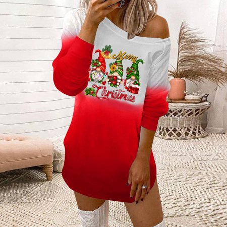 

jsaierl Womens Sweatshirt Dress Winter Long Sleeve Christmas Dresses One Shoulder Holiday Gnomes Graphic Shirt Dress Casual Color Block Mini Dress for Christmas Party
