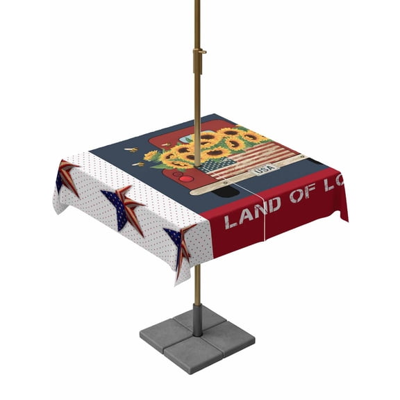 Outdoor Tablecloths with Umbrella Hole & Zipper, Independence Day 54x54 Inch Square Tablecloths, Red Truck USA Flag Star Sunflowers Waterproof Table Cloth, Patio/Pool/Picnic Table Covers