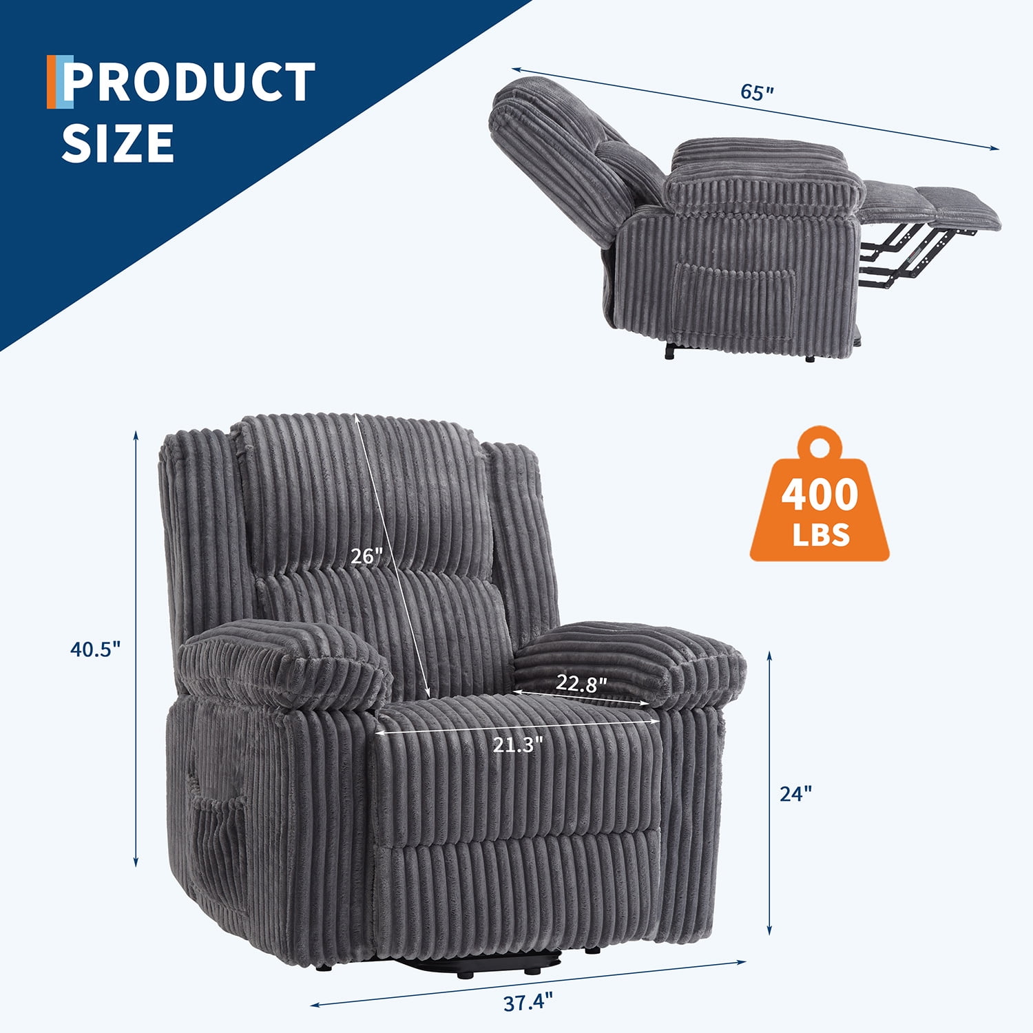 Tzou Adult Polyester Living Room Stain Resistant Recliners with Arm Pads, Gray