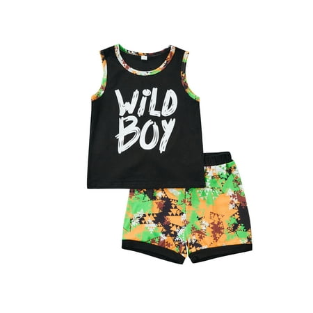 

Nokpsedcb 2PCS Suit Toddler Kid Boy Dinosaur Letter Print Sleeveless Round Neck Tops + Shorts Black Letter 1-2 Years