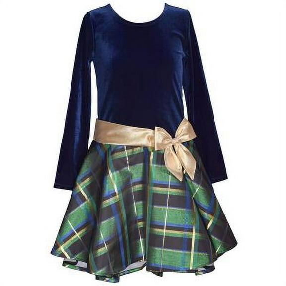 Bonnie Jean BLUE Toddler Girls' Velvet & Plaid Holiday Hipster Dress, 2/2T