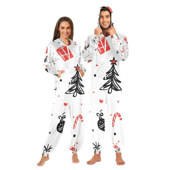 Christmas Doodle Adult Onesie Pajamas Slim Fit Christmas One Piece Suit Pjs for Women and Men Hooded Zipper