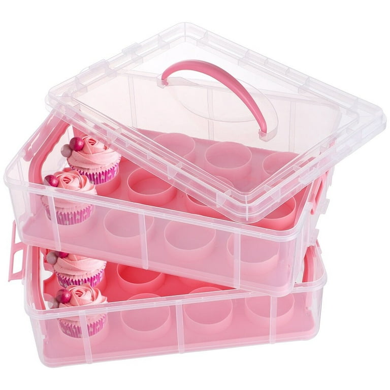 Flexzion Cupcake Carrier, Cupcake Holder for 24 Cupcakes, Portable and Reusable Rectangular Cake Carrier with Lid and Handle, 2 Tier Stackable Layer