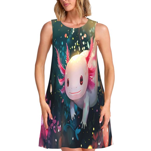Bixox Whimsical Axolotl Fantasy Print Women's Sleeveless A-Line Dress with Pockets, Casual Knee-Length Tank Dress for Summer-Small