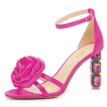FSJ Women Sexy Flower Open Toe Sandals Three Crystal Block High Heels Pumps Adjustable Buckle Ankle Strap Prom Wedding Evening Shoes Size 6.5 Fuchsia