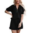 thumbnail image 2 of YHAJDS Summer Outfits for Women 2 Piece Set Short Sleeve V Neck Solid Zip Front Top Elastic Shorts, 2 of 5