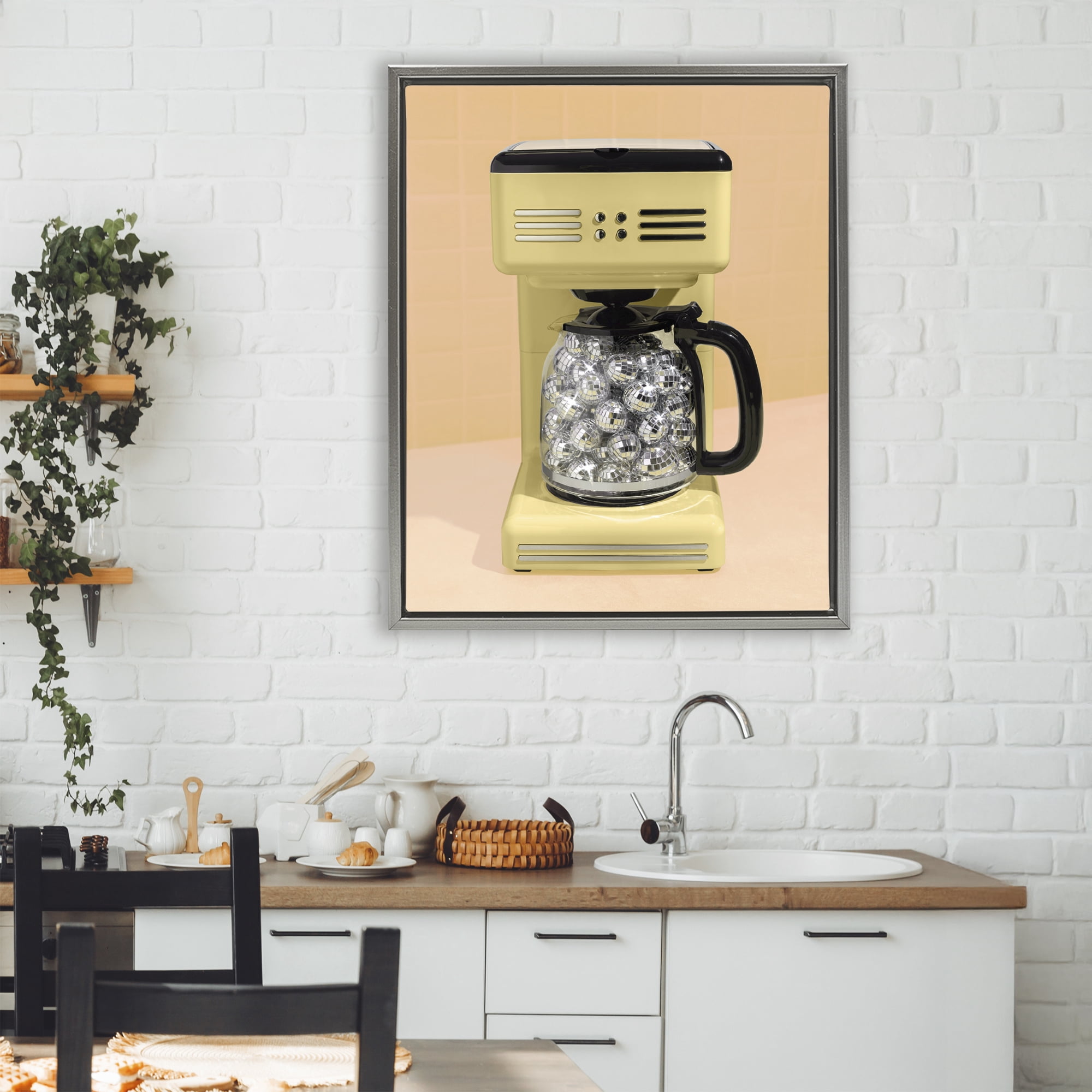 Stupell Industries Disco Coffee Maker over Yellow Gray Framed Floater Canvas Wall Art, design by LISH Creative