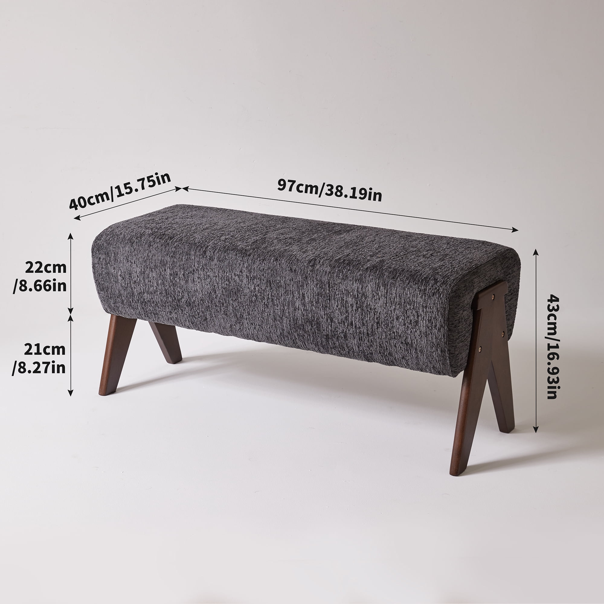 Chenille Upholstered Bench with Solid Wood Legs, Gray, 38.19 in x 15.75 in x 16.93 in